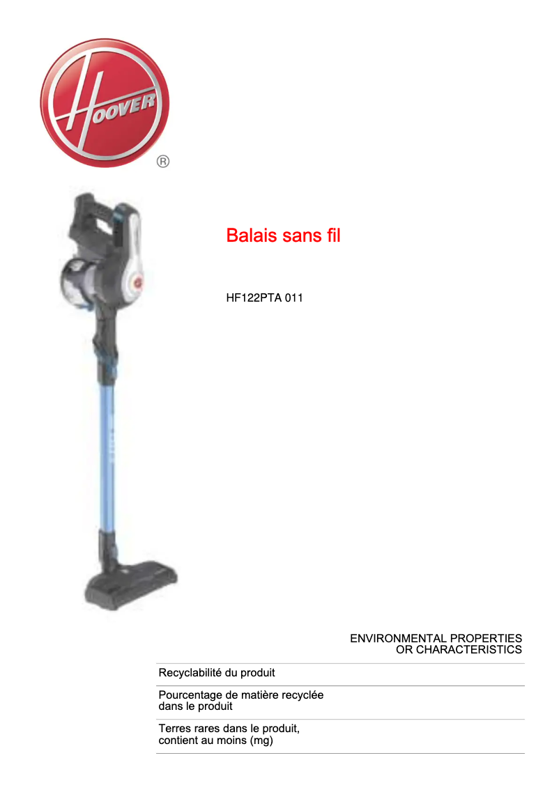 Página 1 del manual Ficha técnica Hoover H-Free 100