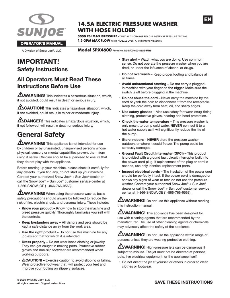 Página nº 1 - Manual de usuario Sun Joe SPX4600