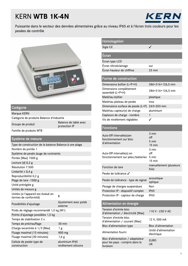 Página 1 del manual Ficha técnica Kern WTB 1K-4N