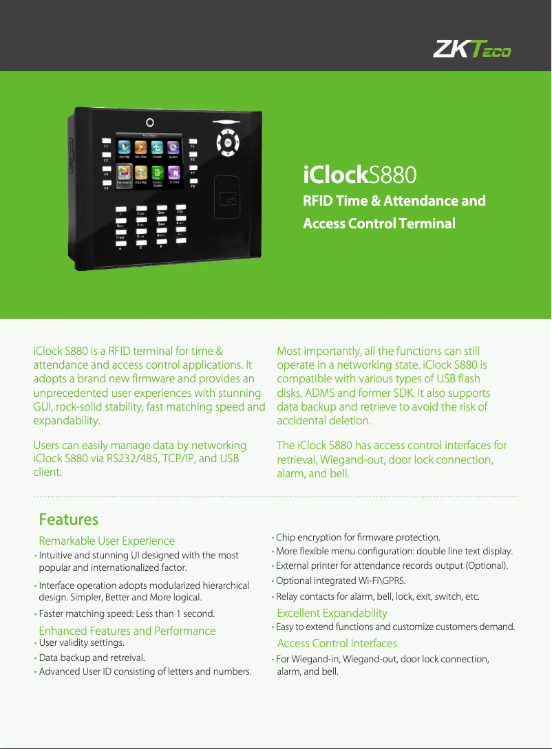Imagen de la primera página del manual del dispositivo iClock S880