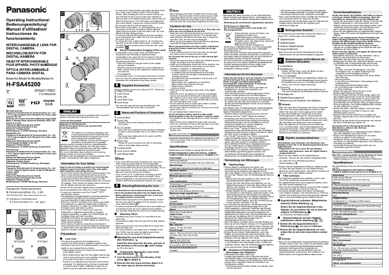 Imagen de la primera página del manual del dispositivo Lumix H-FSA45200E