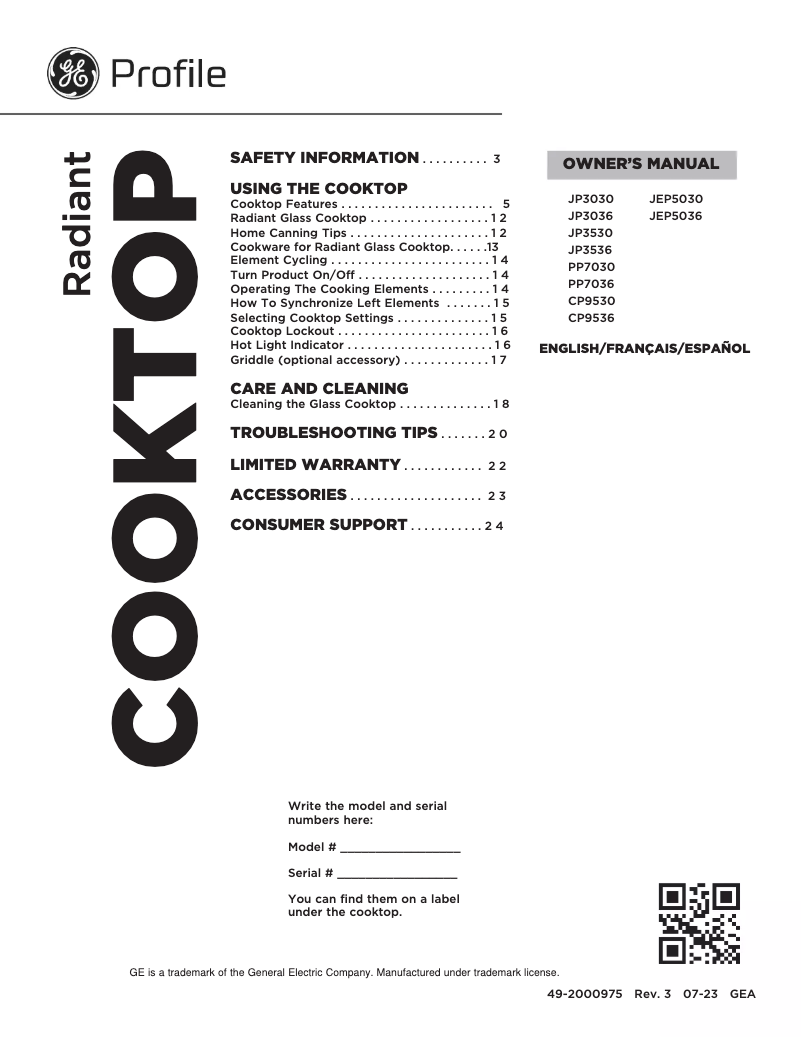 Página 1 del manual Manual de uso y mantenimiento GE JP3030DWBB