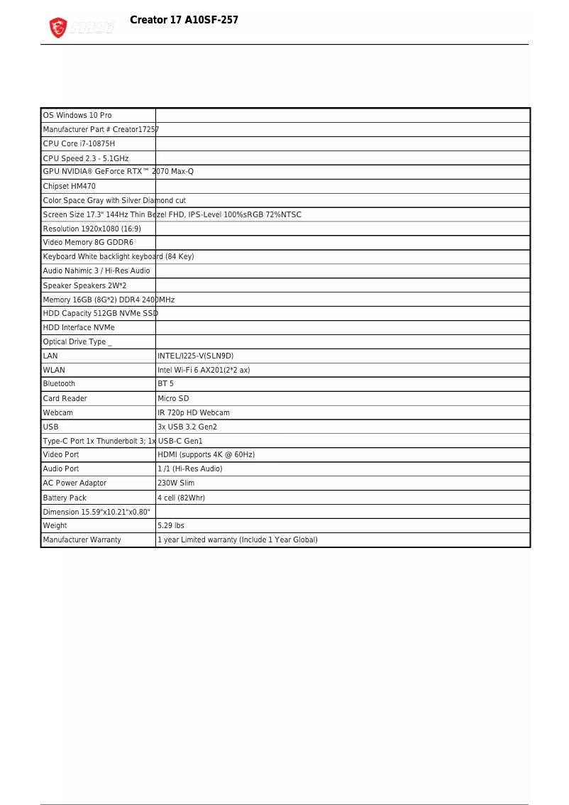 Página nº 1 - Ficha técnica MSI Creator 17