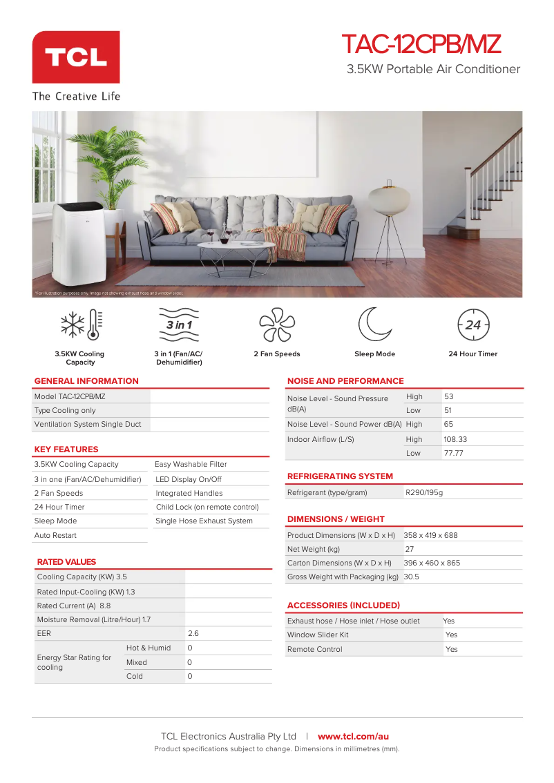 Página 1 del manual Ficha técnica TCL TAC-12CPB/MZ