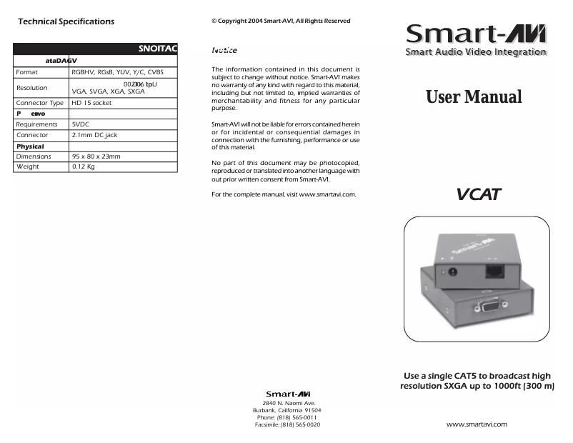 Imagen de la primera página del manual del dispositivo VCT-100S