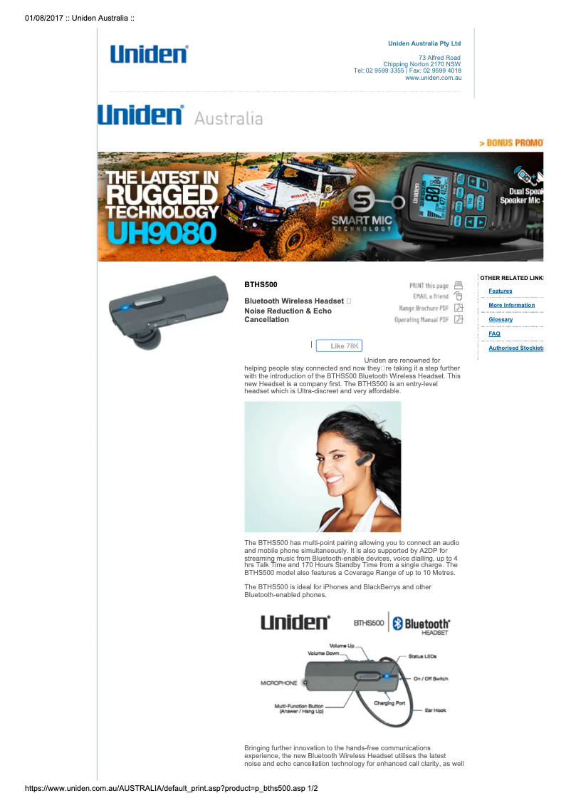 Imagen de la primera página del manual del dispositivo BTHS 500