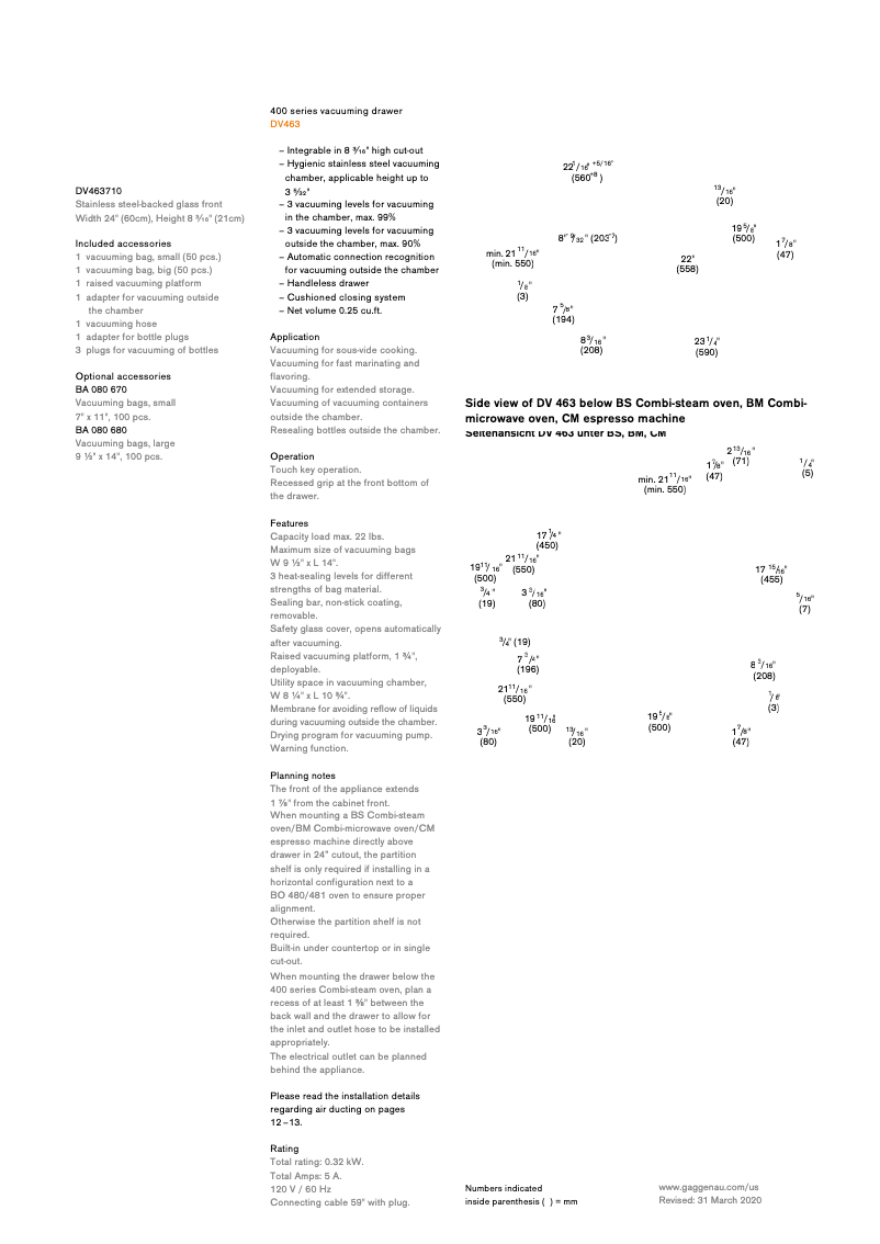 Página 1 del manual Ficha técnica Gaggenau DV463710
