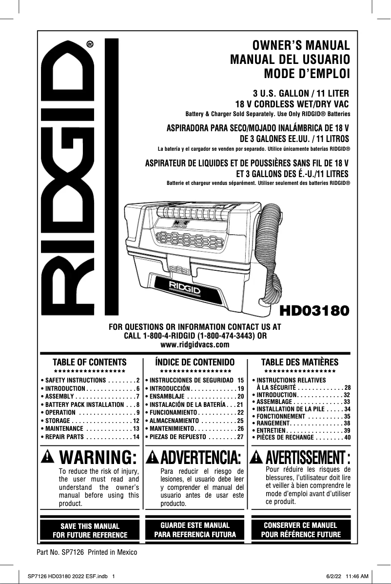 Página nº 1 - Manual de usuario Ridgid HD03180