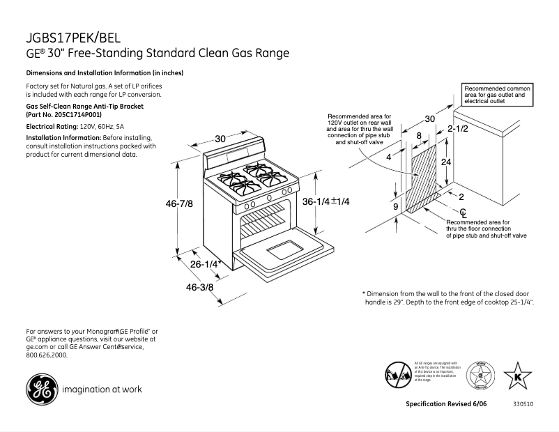Página 1 del manual Ficha técnica GE JGBS17PEKWW