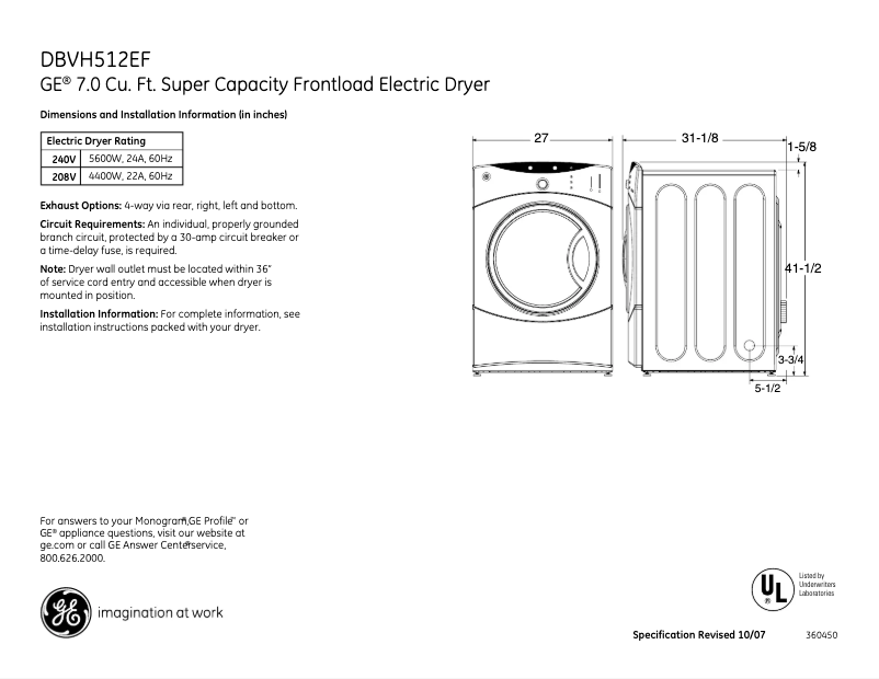 Página 1 del manual Ficha técnica GE DBVH512EFGG