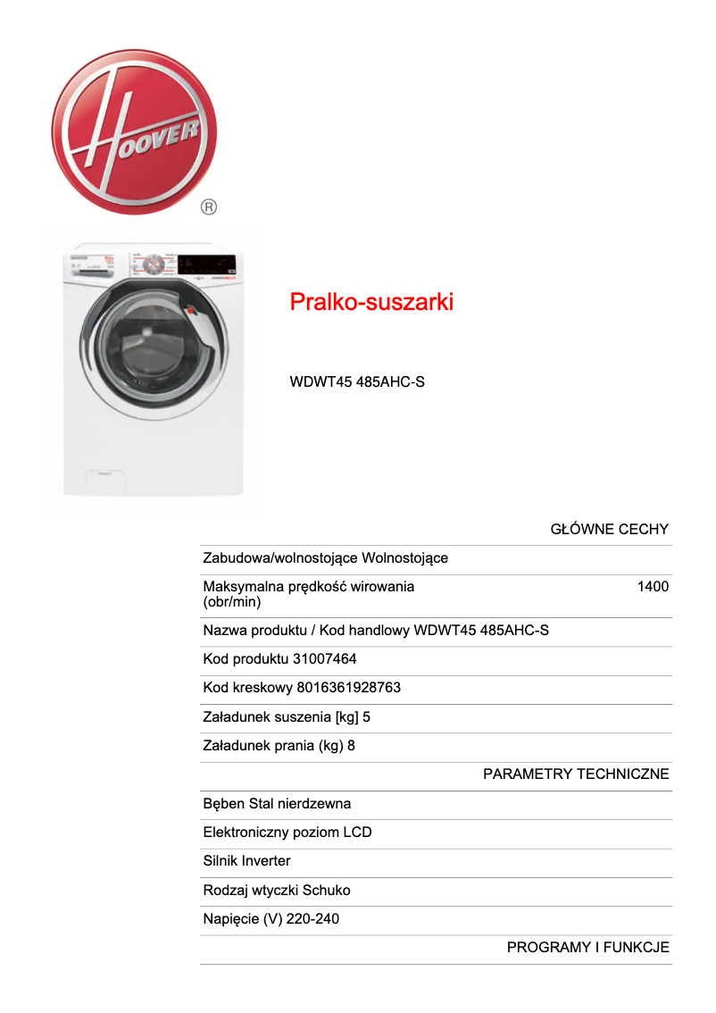 Página 1 del manual Ficha técnica Hoover Dynimic Next WDWT45 485AHC-S