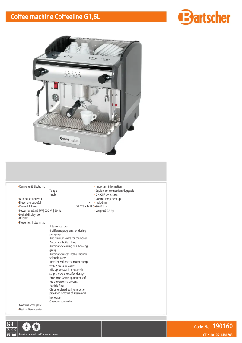Página 1 del manual Ficha técnica Bartscher Coffeeline G1/6L