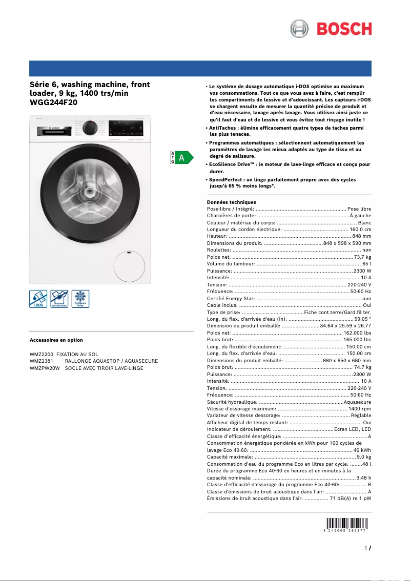Página 1 del manual Ficha técnica Bosch WGG244F20