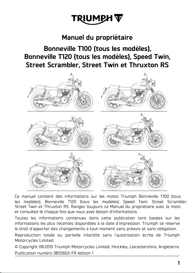 Imagen de la primera página del manual del dispositivo Bonneville T100 (2018)