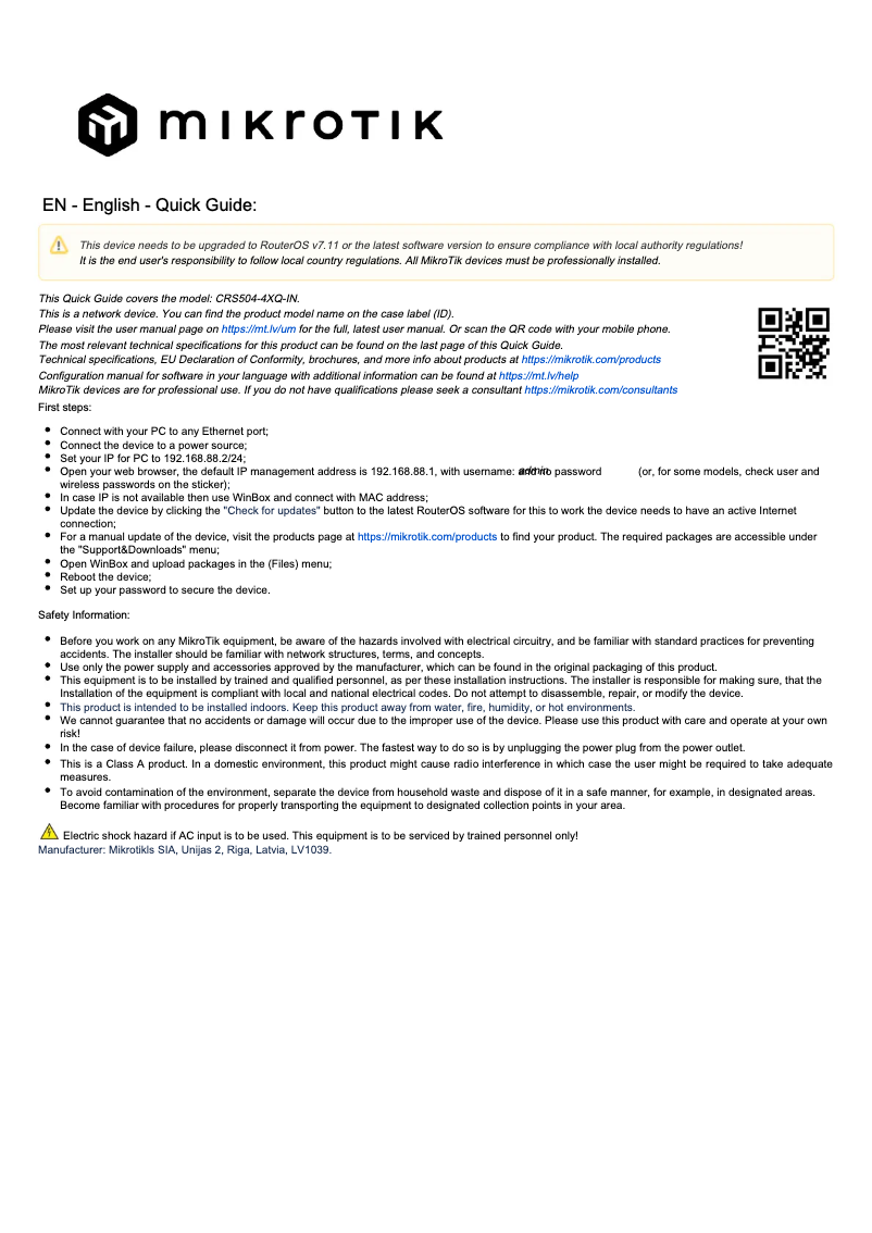 Imagen de la primera página del manual del dispositivo CRS504-4XQ-IN