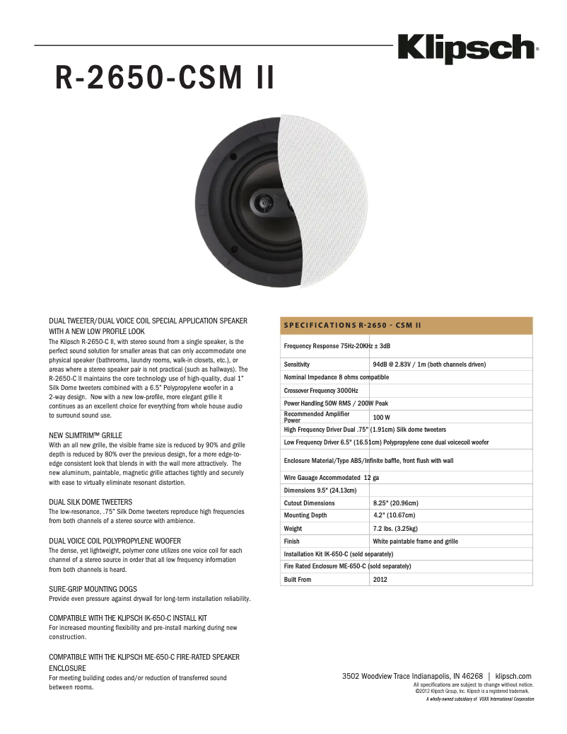 Página 1 del manual Ficha técnica Klipsch Reference R-2650-CSM II