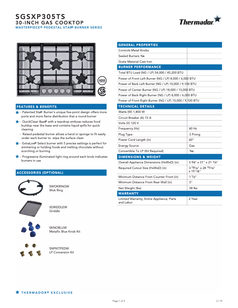 Página 1 del manual Ficha técnica Thermador SGSXP305TS