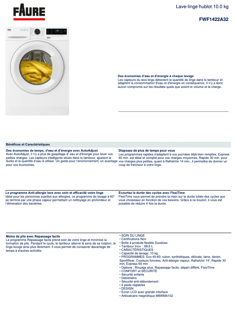 Página 1 del manual Ficha técnica Faure FWF1422A32