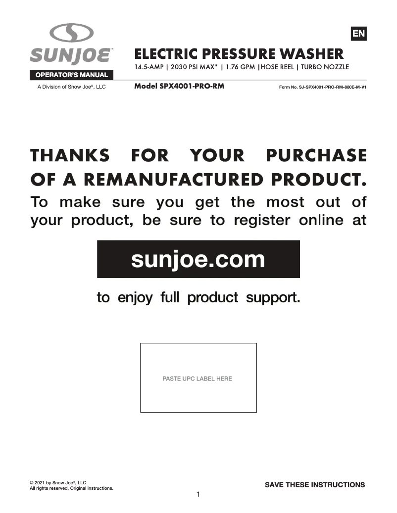 Página nº 1 - Manual de usuario Sun Joe SPX4001-PRO-RM