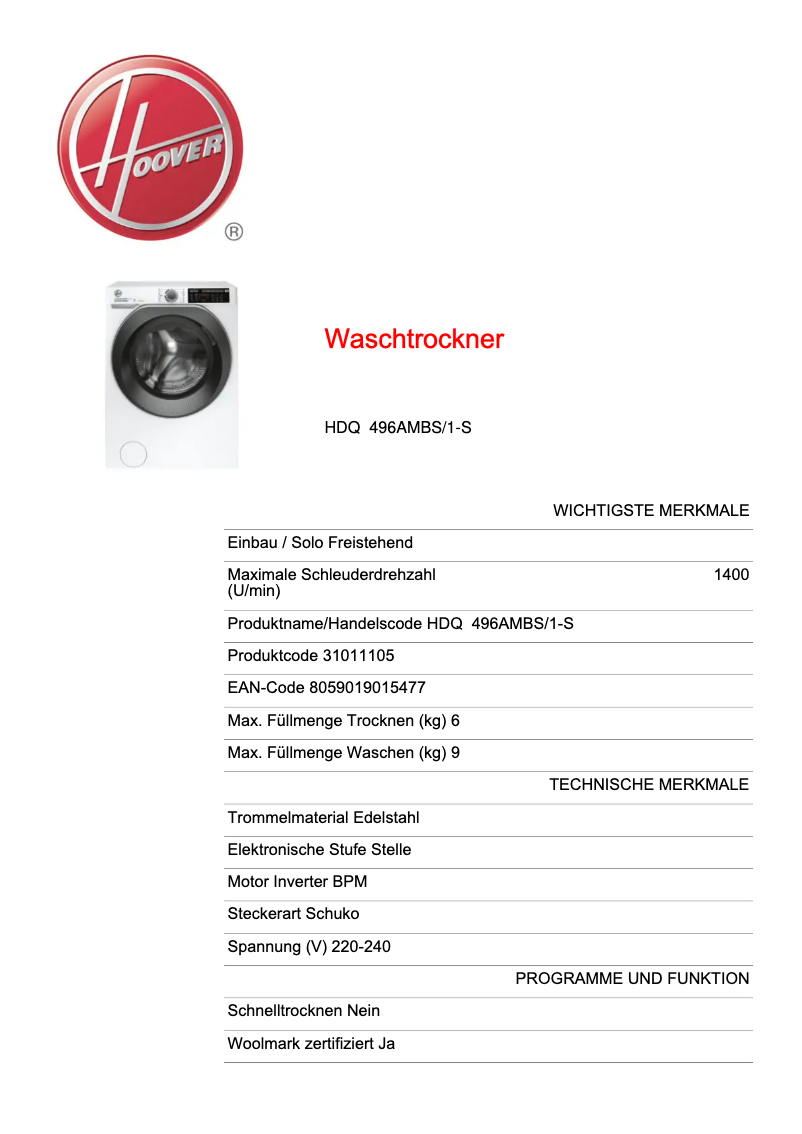 Imagen de la primera página del manual del dispositivo H-WASH&DRY 500 HDQ 496AMBS/1-S