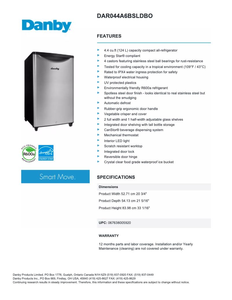 Página 1 del manual Ficha técnica Danby DAR044A6O