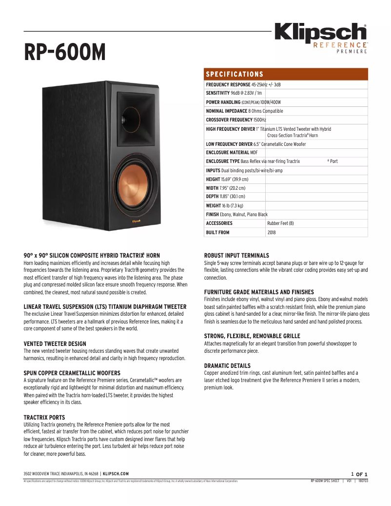 Página 1 del manual Ficha técnica Klipsch Reference Premiere RP-600M