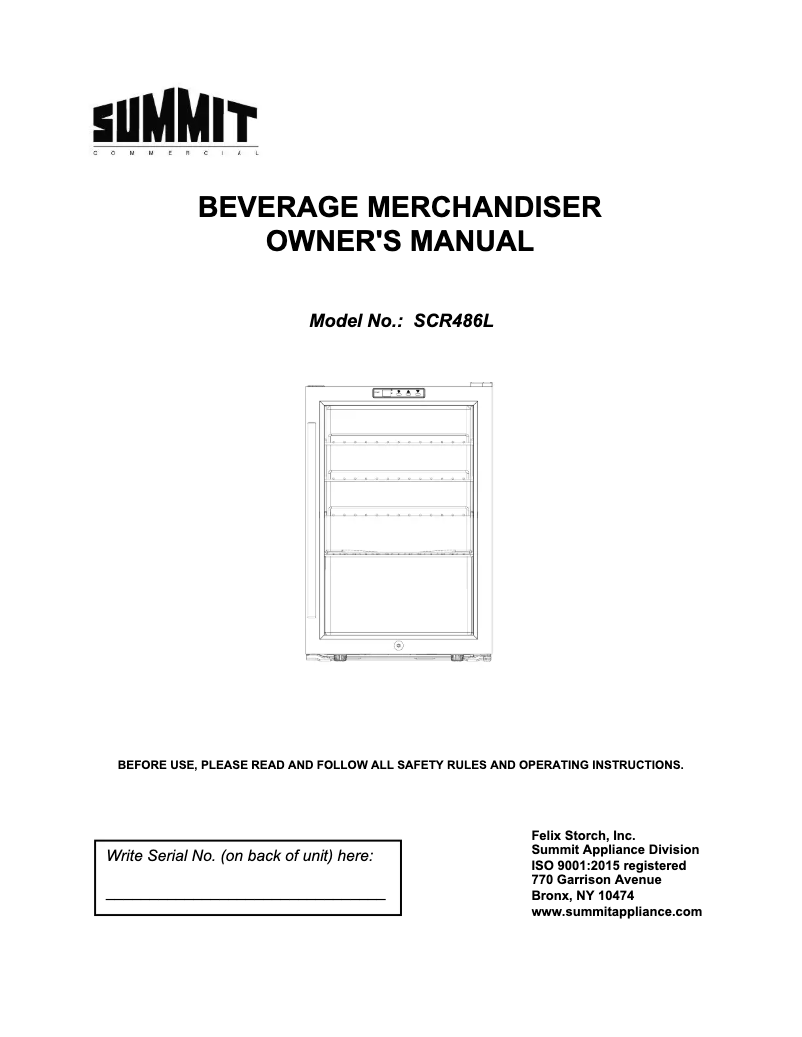 Imagen de la primera página del manual del dispositivo Commercial SCR486L