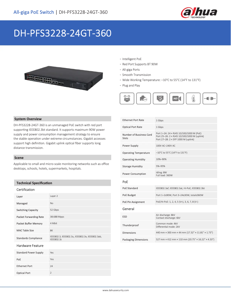 Página 1 del manual Ficha técnica Dahua Technology PFS3228-24GT-360