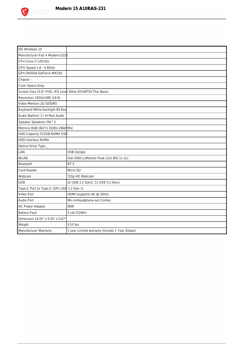 Página nº 1 - Ficha técnica MSI Modern 15
