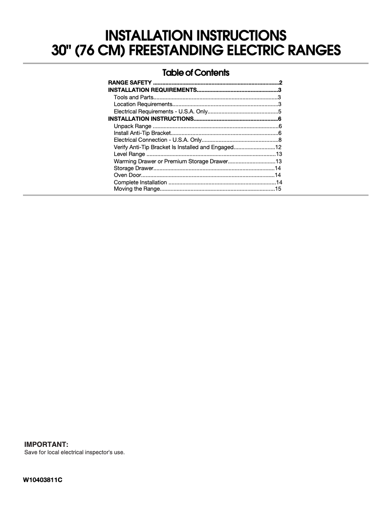 Página 1 del manual Guía de instalación Amana ACR4303MFW