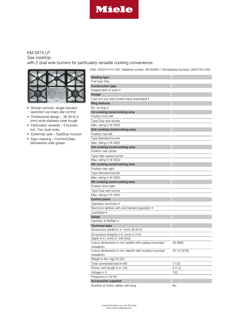 Página 1 del manual Ficha técnica Miele KM 3474 LP
