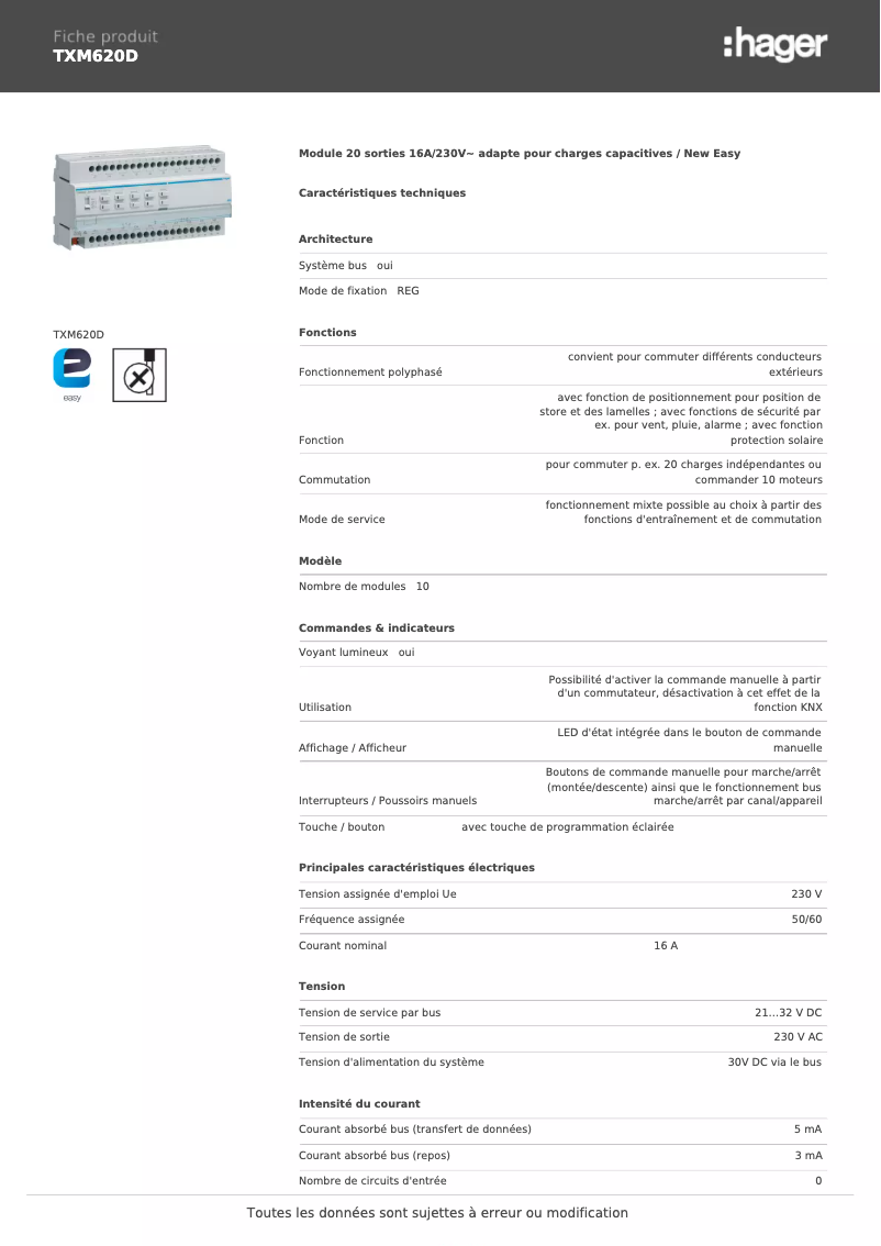 Página 1 del manual Ficha técnica Hager TXM620D