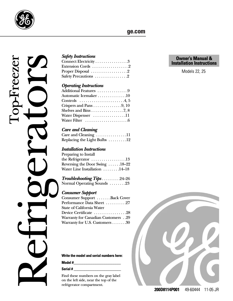 Imagen de la primera página del manual del dispositivo GTS22WCPBB