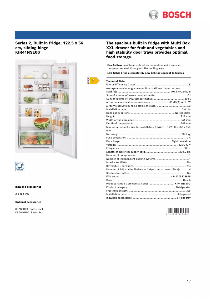 Página 1 del manual Ficha técnica Bosch KIR41NSE0G