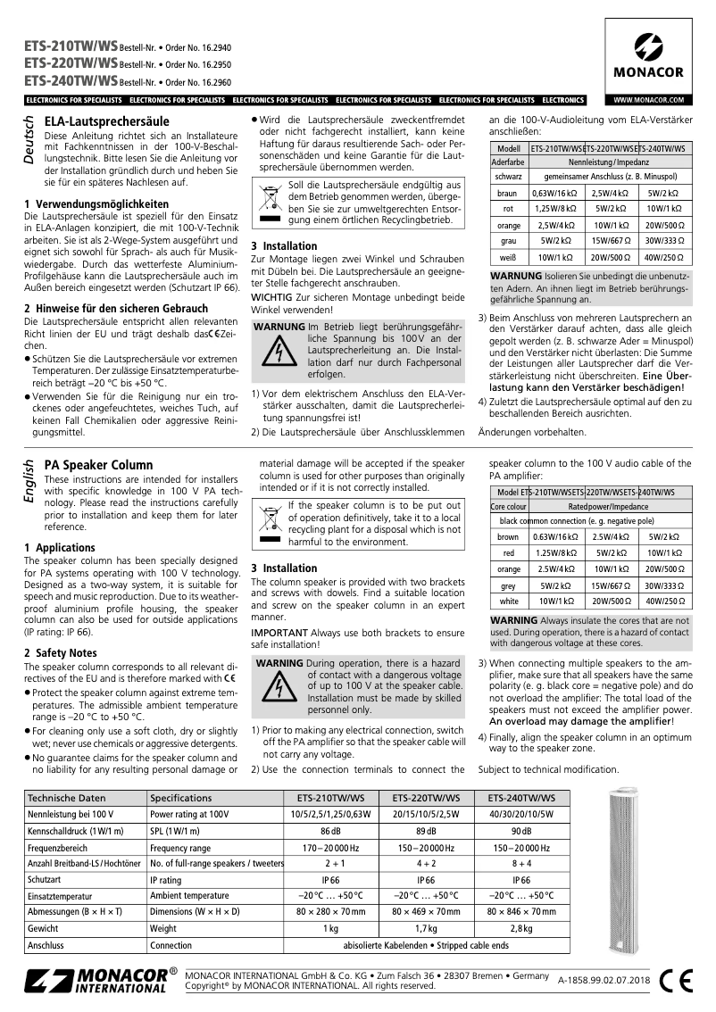 Imagen de la primera página del manual del dispositivo ETS-210TW/WS