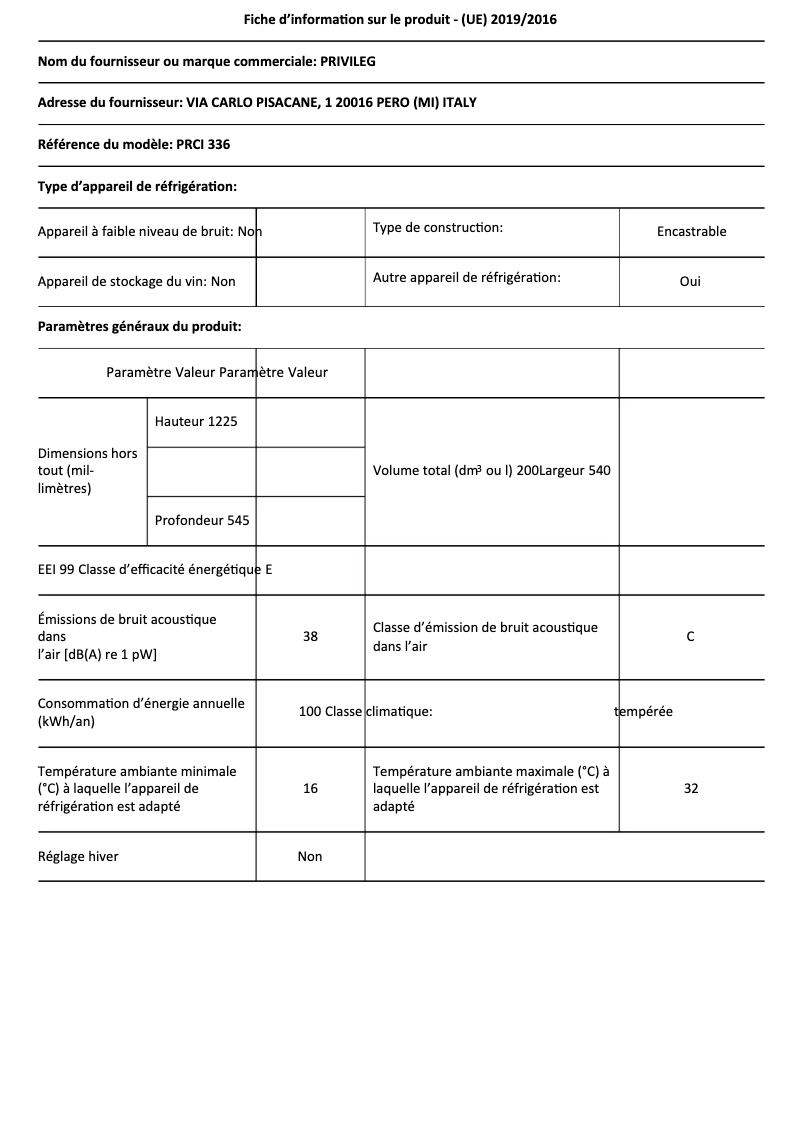 Página 1 del manual Ficha técnica Privileg PRCI 336