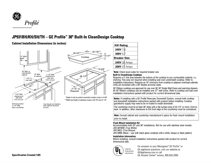 Página 1 del manual Ficha técnica GE Profile JP931KHCC