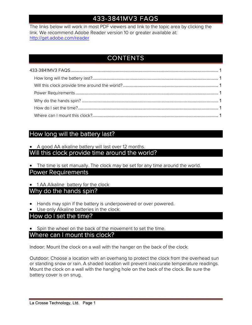 Página 1 del manual Preguntas frecuentes La Crosse Technology 433-3841MV3