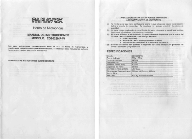 Página 1 del manual Manual de usuario Panavox EG9028NP-W
