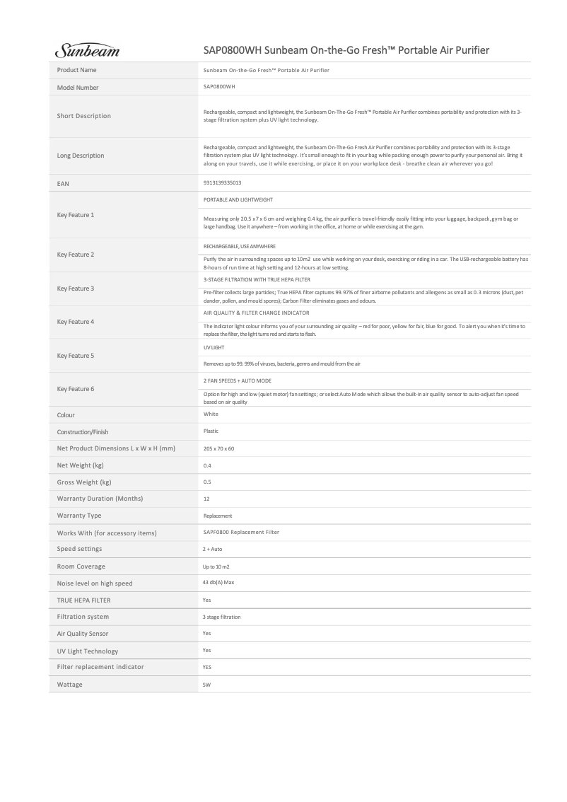 Página nº 1 - Ficha técnica Sunbeam On-The-Go Fresh SAP0800WH
