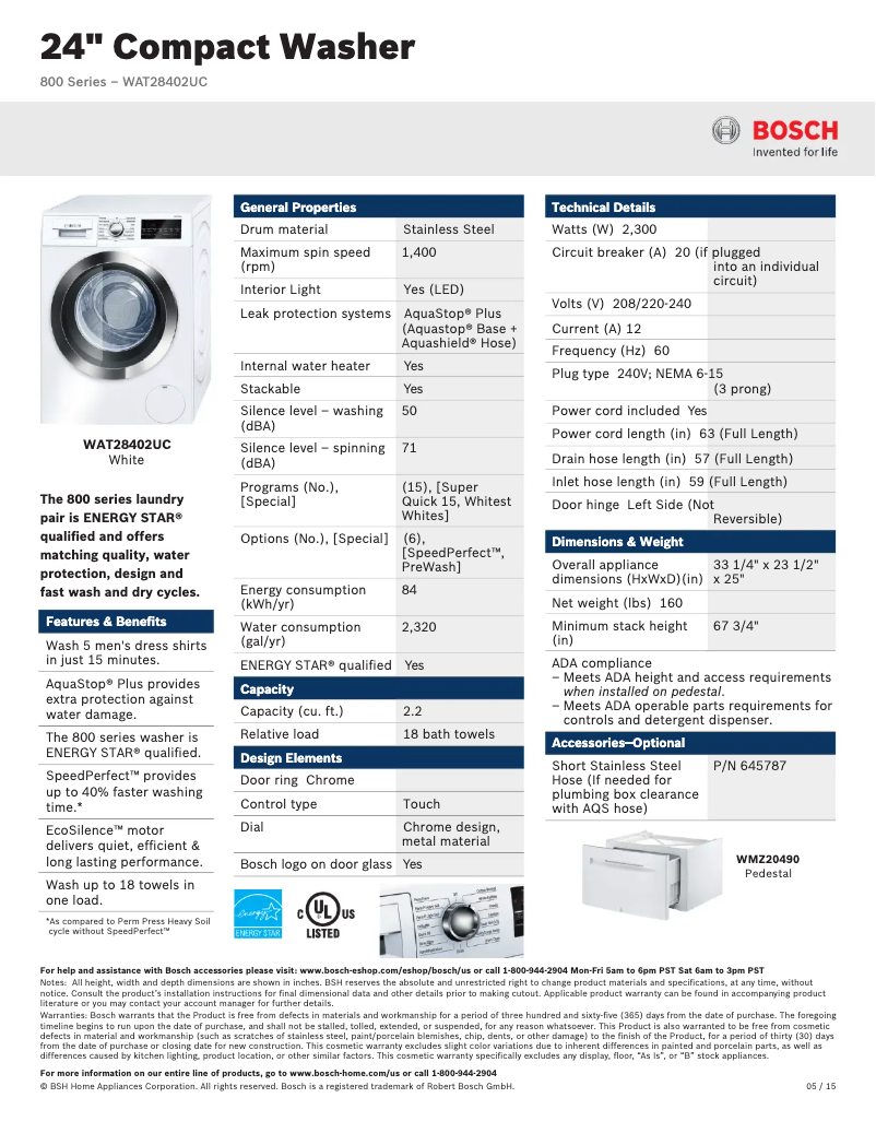 Página 1 del manual Ficha técnica Bosch WAT28402U