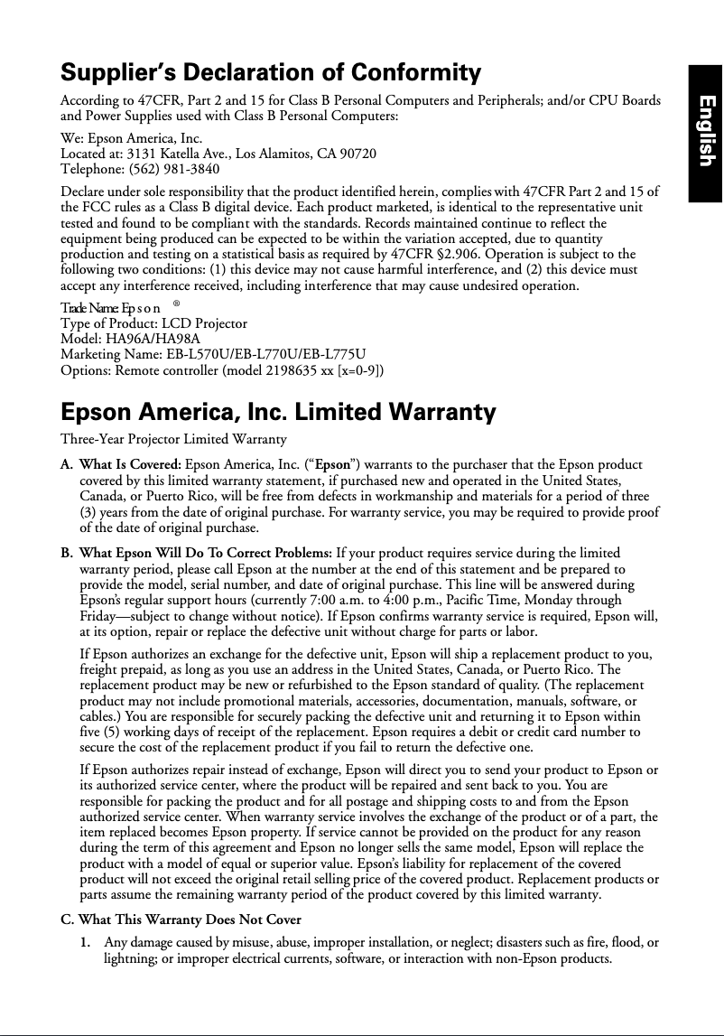 Imagen de la primera página del manual del dispositivo PowerLite L770U