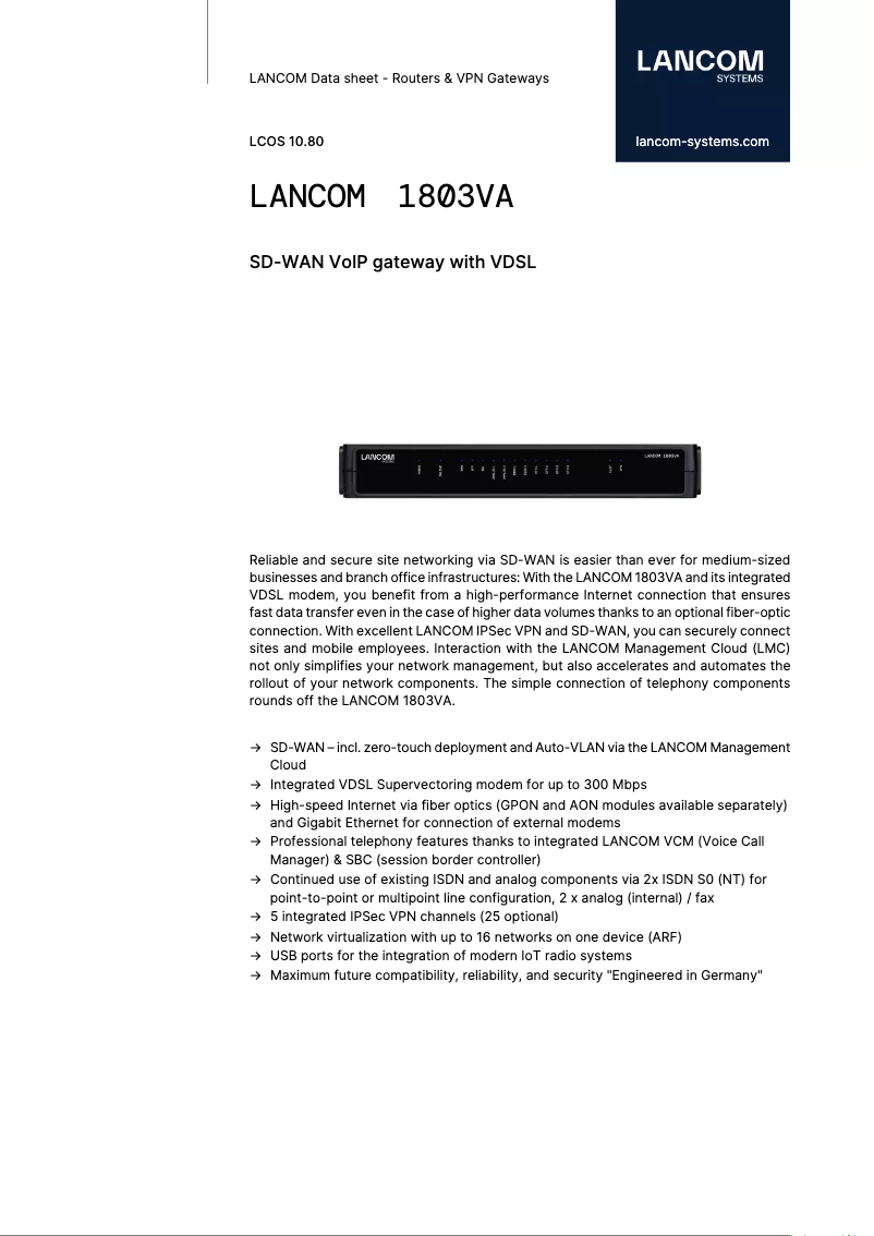 Página 1 del manual Ficha técnica Lancom 1803VA