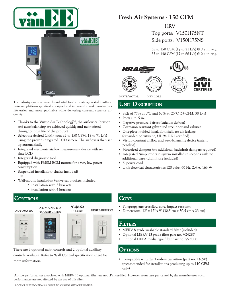 Página nº 1 - Ficha técnica vänEE V150H75NS