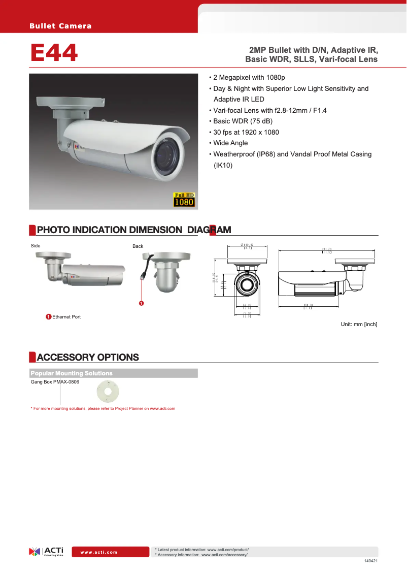 Página 1 del manual Ficha técnica ACTi E44