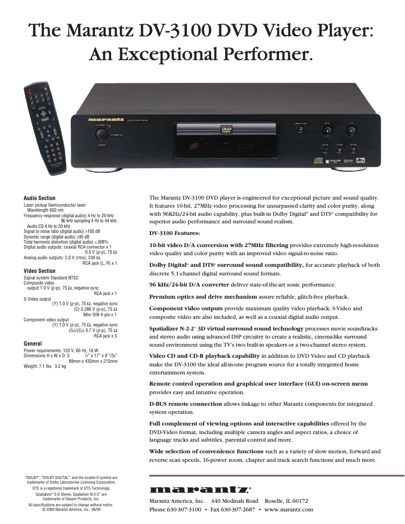 Página 1 del manual Ficha técnica Marantz DV3100
