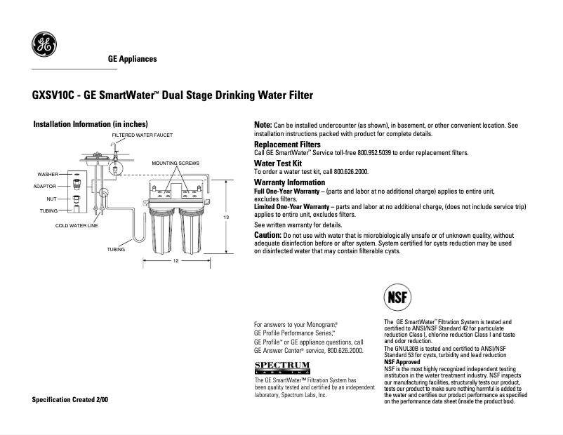 Página 1 del manual Ficha técnica GE GXSV10C