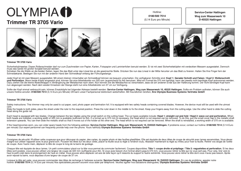 Página 1 del manual Manual de usuario Olympia TR 3705 Vario