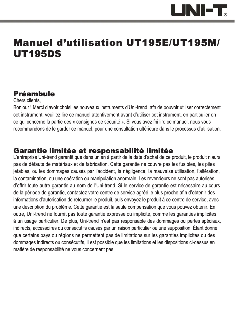 Imagen de la primera página del manual del dispositivo UT195S