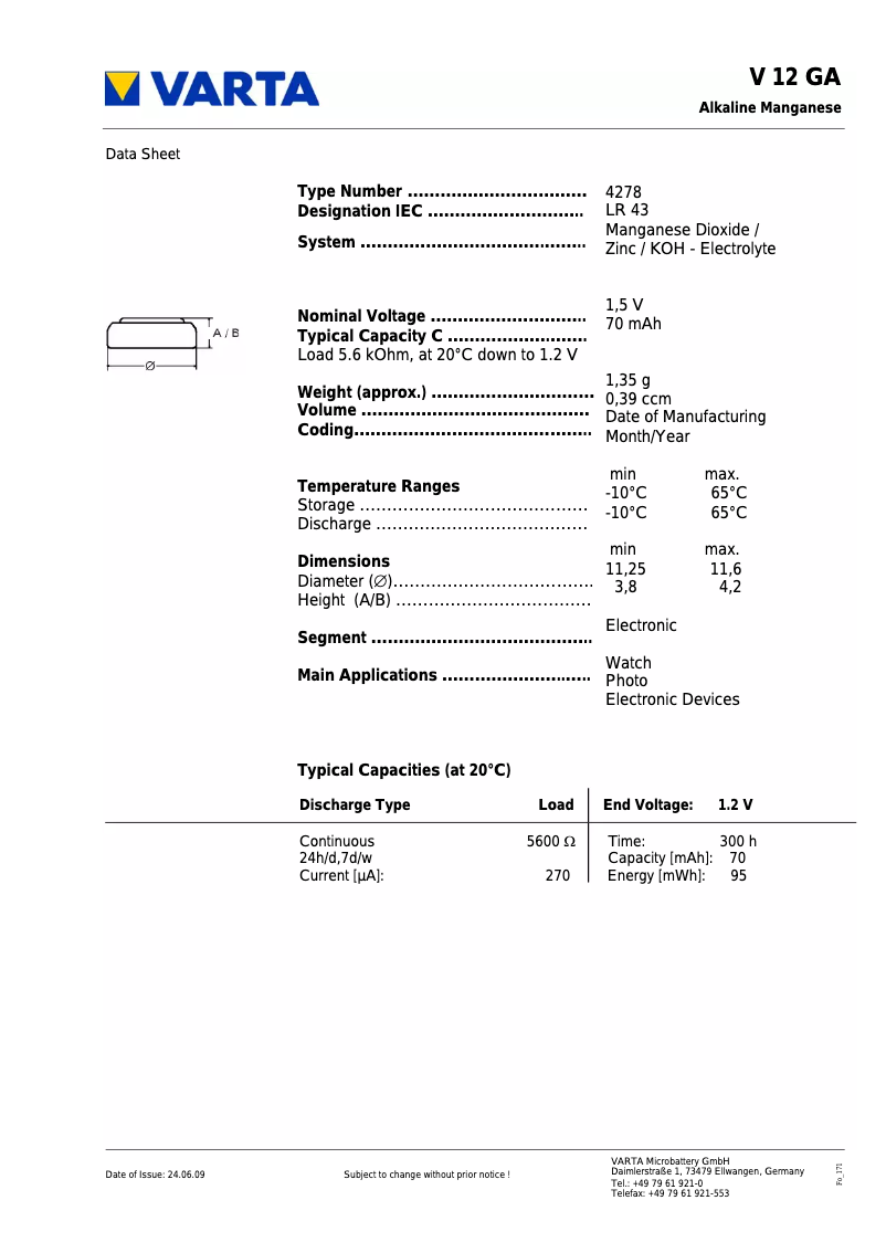 Imagen de la primera página del manual del dispositivo Primary Alkaline Button V 12 GA